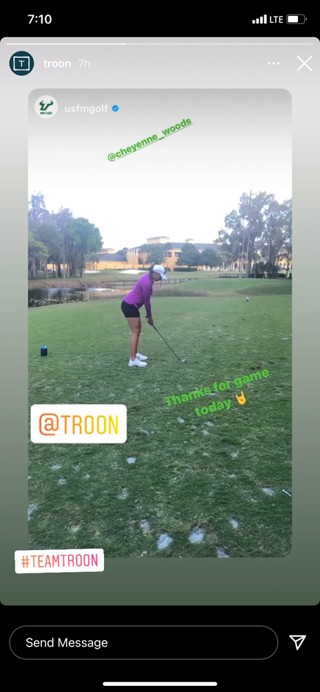 University of South Florida Instagram story of Cheyenne Woods visiting The CLAW.