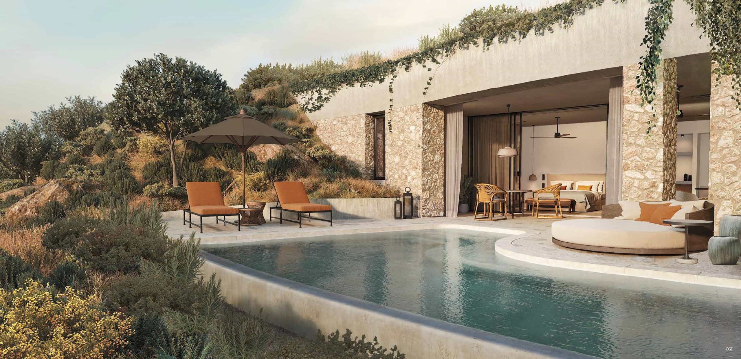 Villa exterior with pool at Mandarin Oriental at Costa Navarino