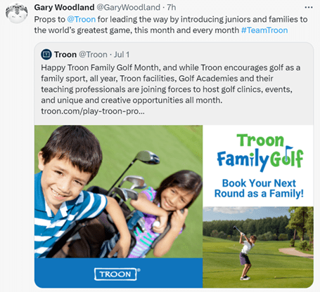 Gary Woodland @GaryWoodland 7h: Props to @troon for leading the way by introducing juniors and families to the world's greatest game, this month and every month #TeamTroon. @Troon - Jul 1: Happy Troon family Golf Month, and while Troon encourages golf as a family sport, all year, Troon facilities, Golf Acadamies and their teaching professionals are joining forces to host golf clinics, events, and unique and creative opportunities all month. troon.com/play-troon-pro... Troon Family Golf: Book your next round as a family. Brother and sister pose next to a golf bag with clubs and a junior singing a golf club on a golf course.