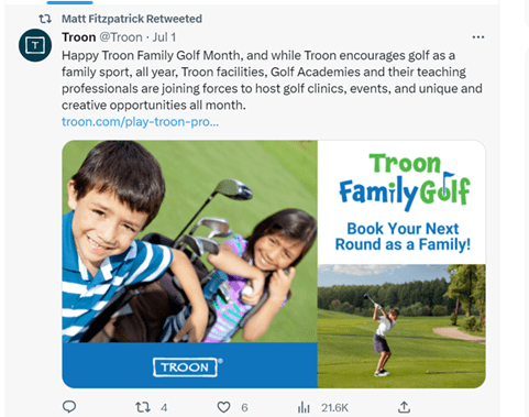 Matt Fitzpatrickec Retweeted. Troon. @Troon - Jul 1: Happy Troon family Golf Month, and while Troon encourages golf as a family sport, all year, Troon facilities, Golf Acadamies and their teaching professionals are joining forces to host golf clinics, events, and unique and creative opportunities all month. troon.com/play-troon-pro... Troon Family Golf: Book your next round as a family. Brother and sister pose next to a golf bag with clubs and a junior singing a golf club on a golf course.